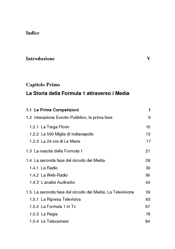 Indice della tesi: On Board TV. Aumentare l'esperienza della Formula Uno sullo schermo televisivo, Pagina 1
