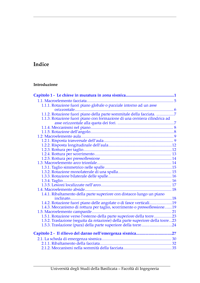 Indice della tesi: Vulnerabilità sismica degli edifici ecclesiastici lucani, Pagina 1