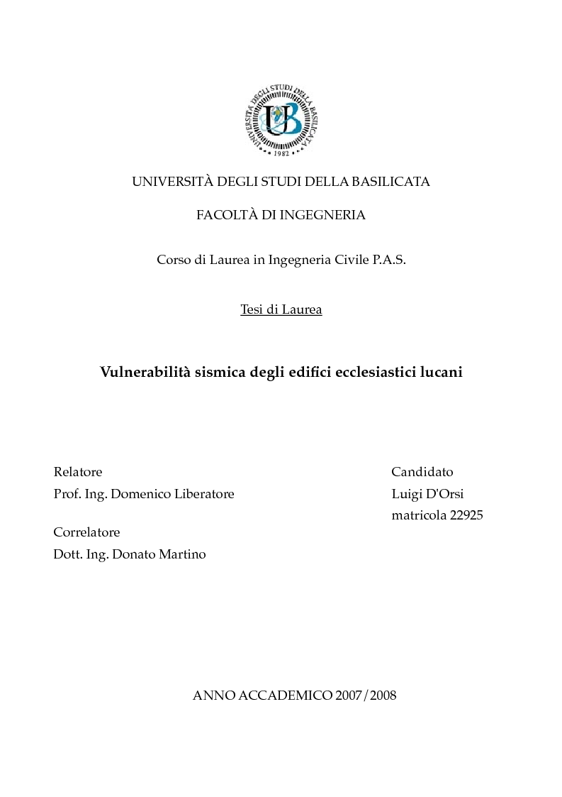 Anteprima della tesi: Vulnerabilità sismica degli edifici ecclesiastici lucani, Pagina 1