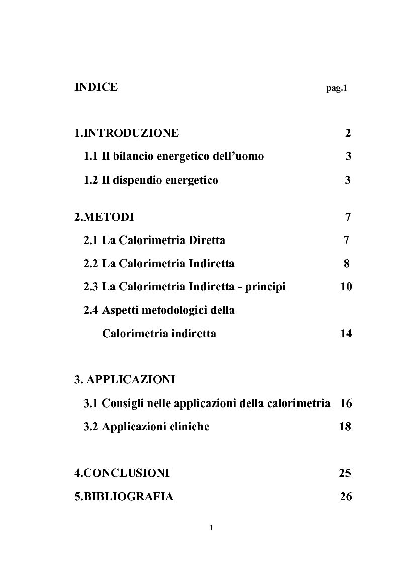 Indice della tesi: La calorimetria e lo studio del dispendio energetico, Pagina 1