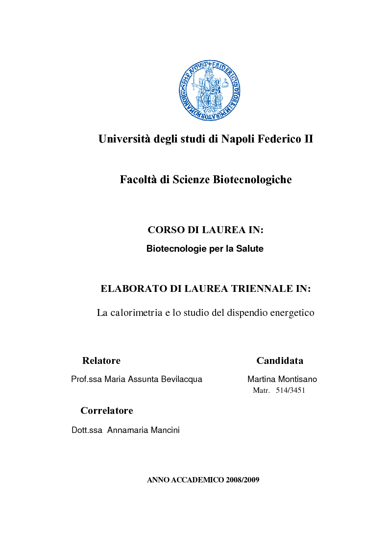 Anteprima della tesi: La calorimetria e lo studio del dispendio energetico, Pagina 1