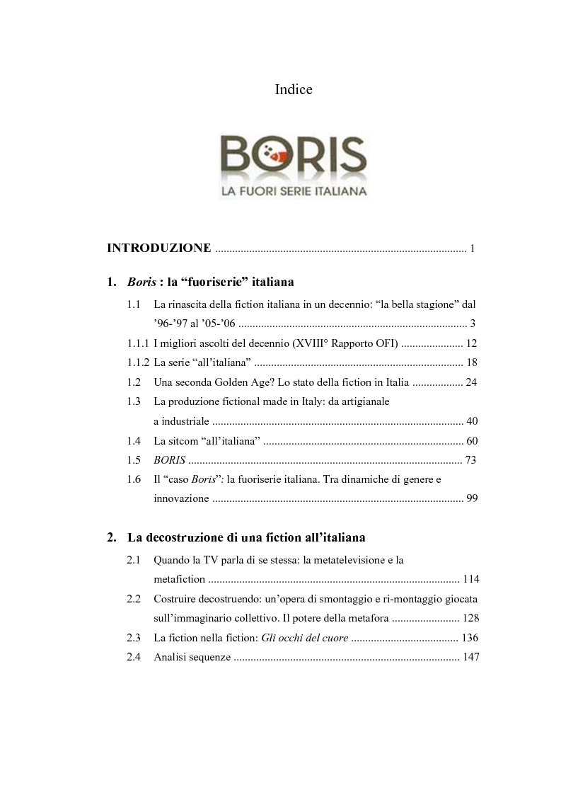 Indice della tesi: Boris: decostruzione di una fiction all'italiana, Pagina 1