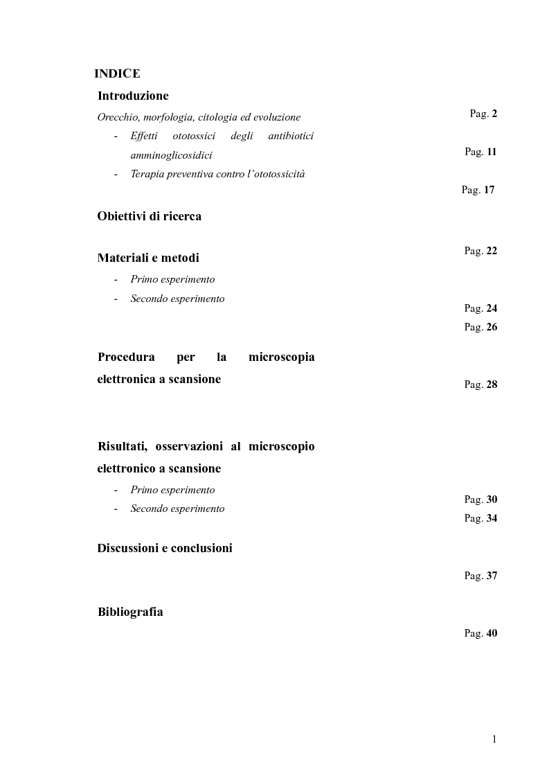 Indice della tesi: Effetti della gentamicina e del sodio salicilato sull'epitelio sensoriale della papilla basilaris in podarcis sicula, Pagina 1