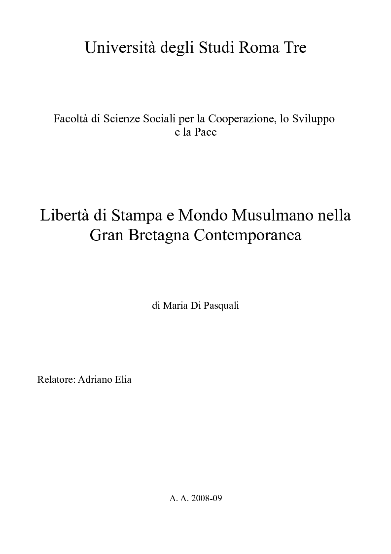 Anteprima della tesi: Libertà di stampa e mondo musulmano nella Gran Bretagna contemporanea, Pagina 1