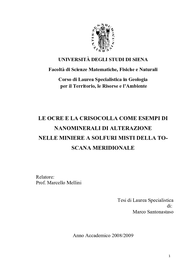 Anteprima della tesi: Le Ocre e la Crisocolla come esempi di nanominerali di alterazione nelle miniere a solfuri misti della Toscana meridionale, Pagina 1