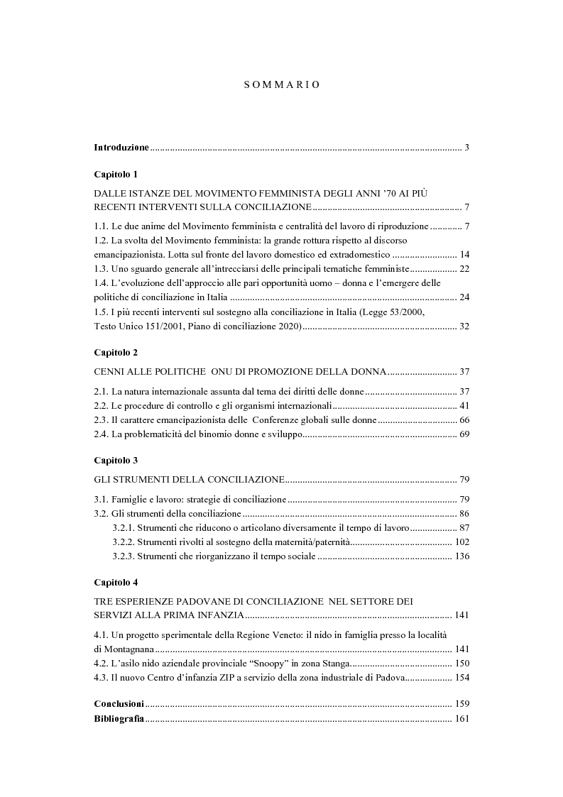 Indice della tesi: Le misure di conciliazione lavoro famiglia. Il caso padovano, Pagina 1