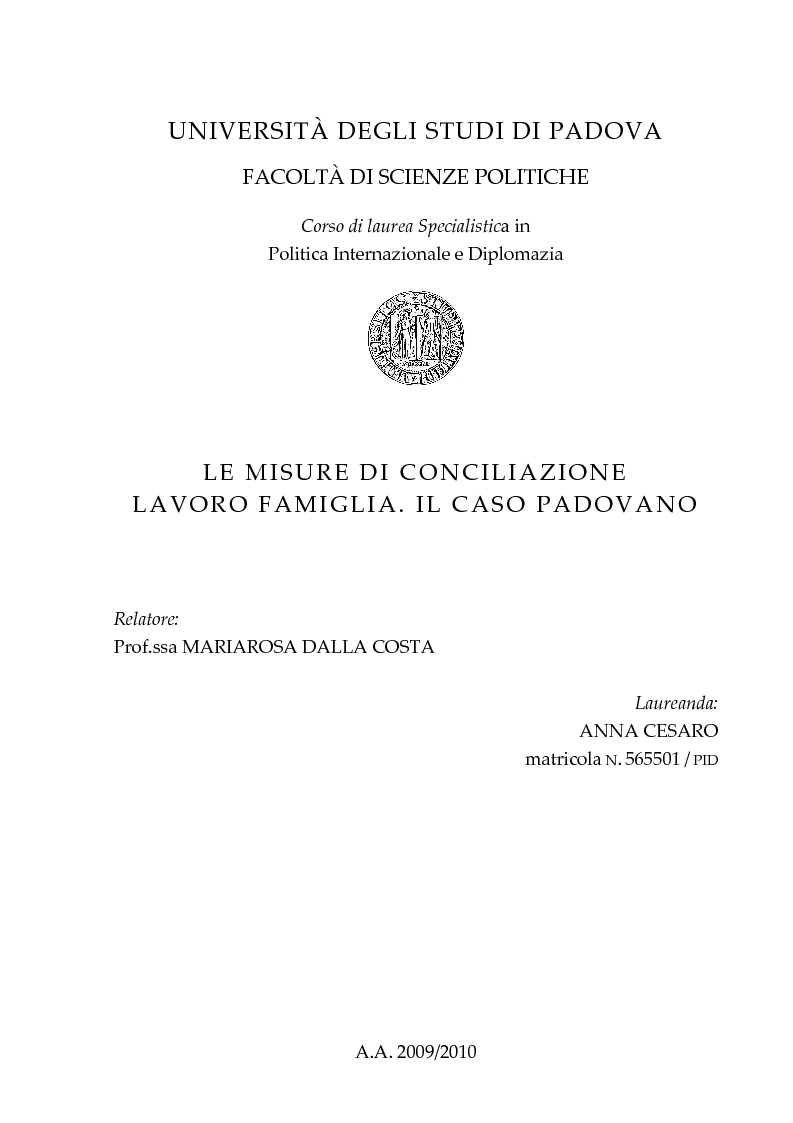 Anteprima della tesi: Le misure di conciliazione lavoro famiglia. Il caso padovano, Pagina 1