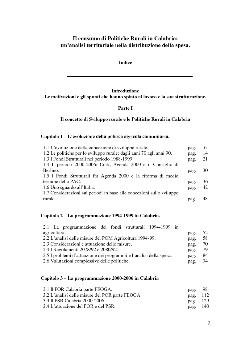 Indice della tesi: Il consumo di politiche rurali in Calabria: un'analisi territoriale nella distribuzione della spesa, Pagina 1