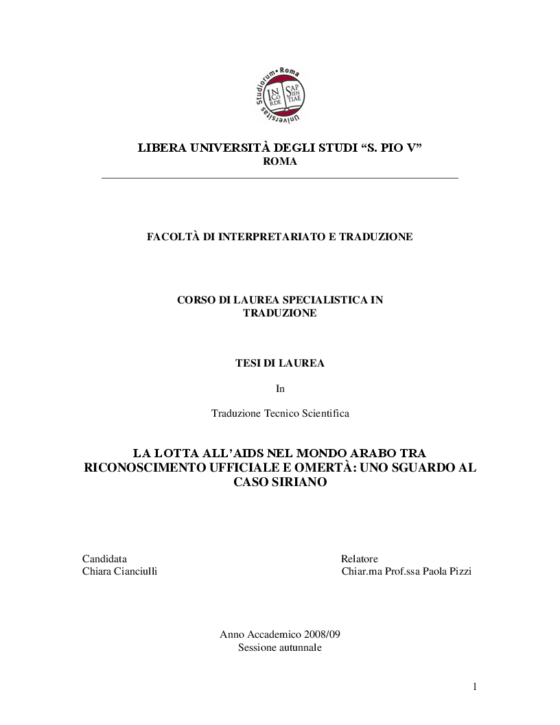 Anteprima della tesi: La lotta all'AIDS nel mondo arabo tra riconoscimento ufficiale e omertà: uno sguardo al caso siriano, Pagina 1