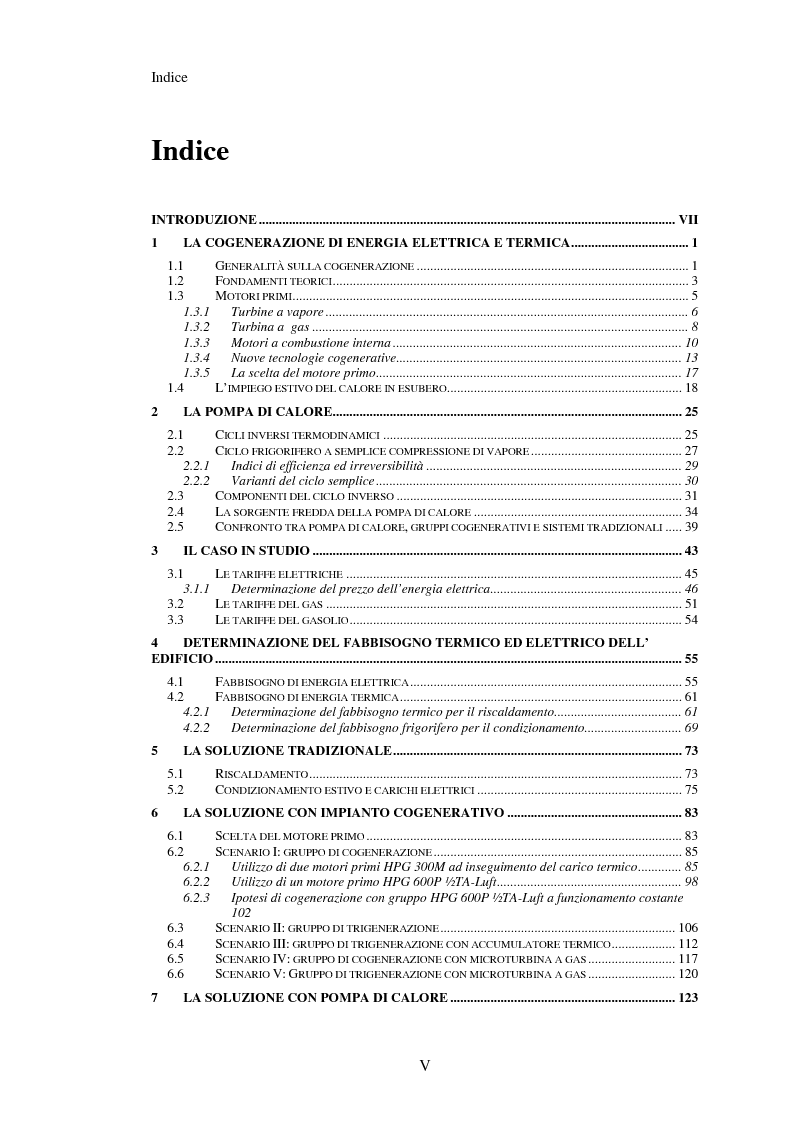 Indice della tesi: Analisi tecnico economica di un investimento per l’installazione di un impianto di cogenerazione e di pompa di calore in un complesso universitario, Pagina 1