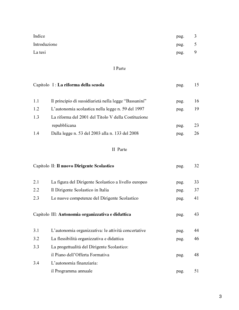 Indice della tesi: Il Dirigente Scolastico tra autonomia e flessibilità strumenti di integrazione, Pagina 1