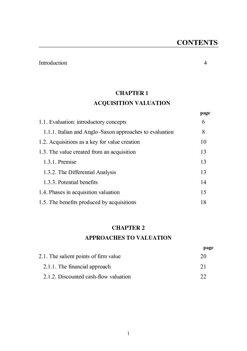 Indice della tesi: The ''Value of Control'' in Mergers and Acquisitions, Pagina 1