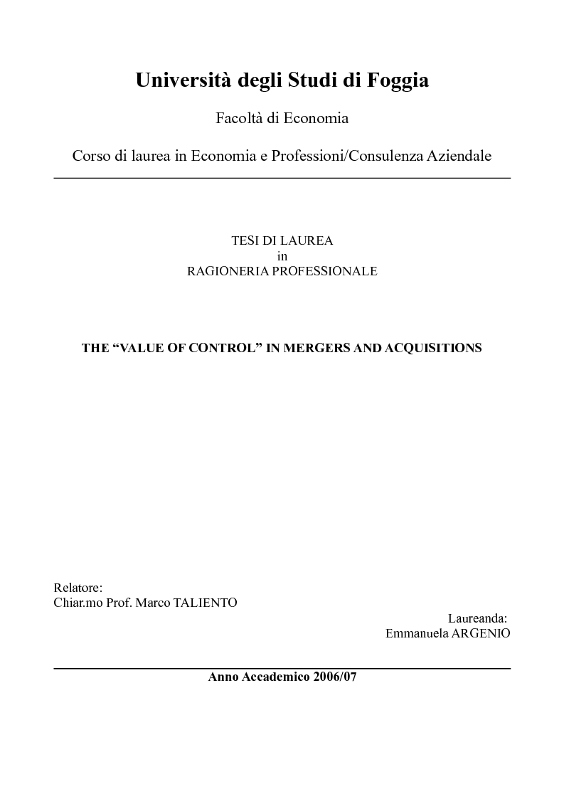 Anteprima della tesi: The ''Value of Control'' in Mergers and Acquisitions, Pagina 1