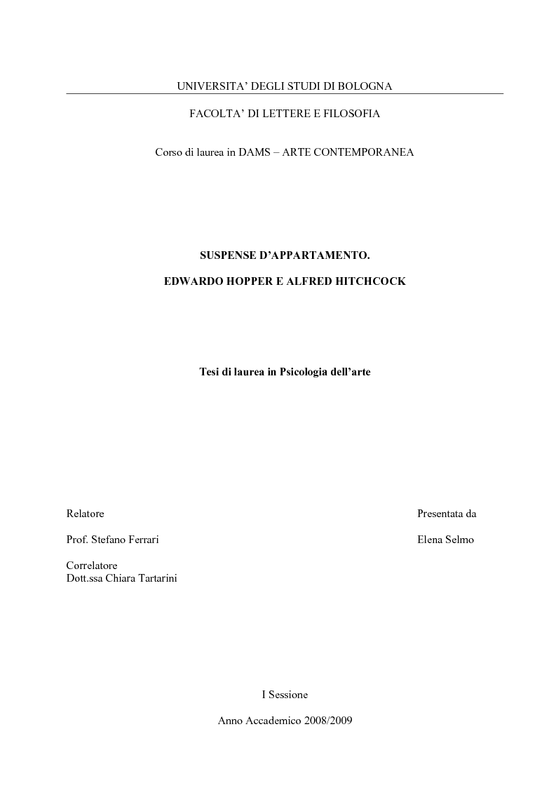 Anteprima della tesi: Suspense d'appartamento. Edward Hopper e Alfred Hitchcock, Pagina 1