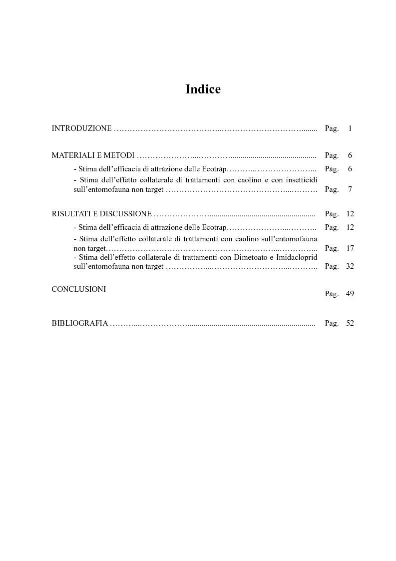 Indice della tesi: Indagini sull’impatto di alcune tecniche di lotta contro Bactrocera oleae (Rossi) sull’artropodofauna dell’oliveto, Pagina 1