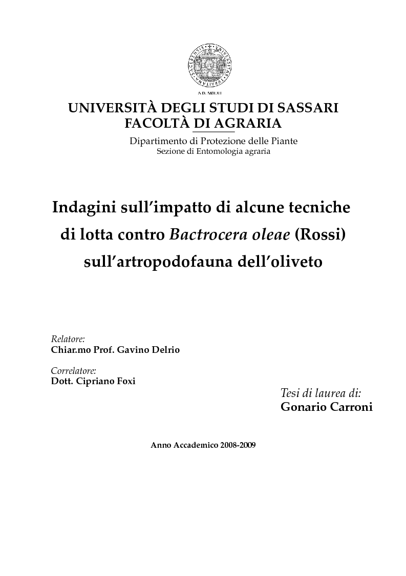 Anteprima della tesi: Indagini sull’impatto di alcune tecniche di lotta contro Bactrocera oleae (Rossi) sull’artropodofauna dell’oliveto, Pagina 1