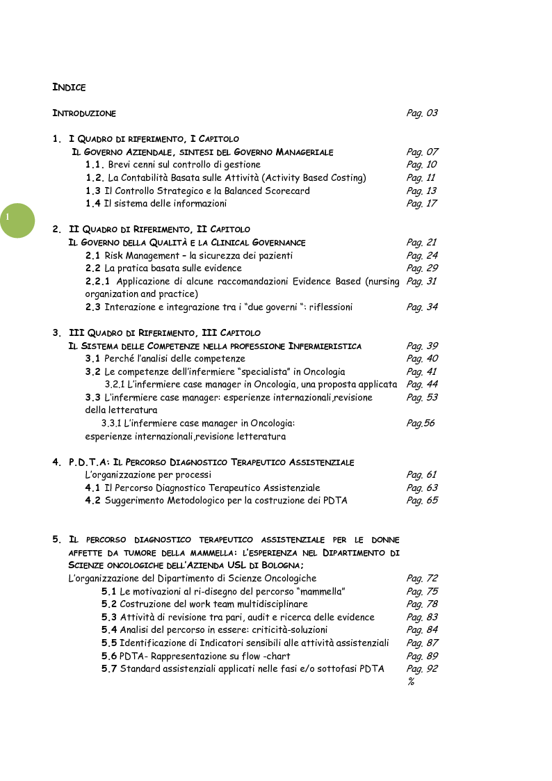 Indice della tesi: Il percorso diagnostico-terapeutico-assistenziale per le donne affette da cancro del seno (PDTA Breast - Cancer), Pagina 1