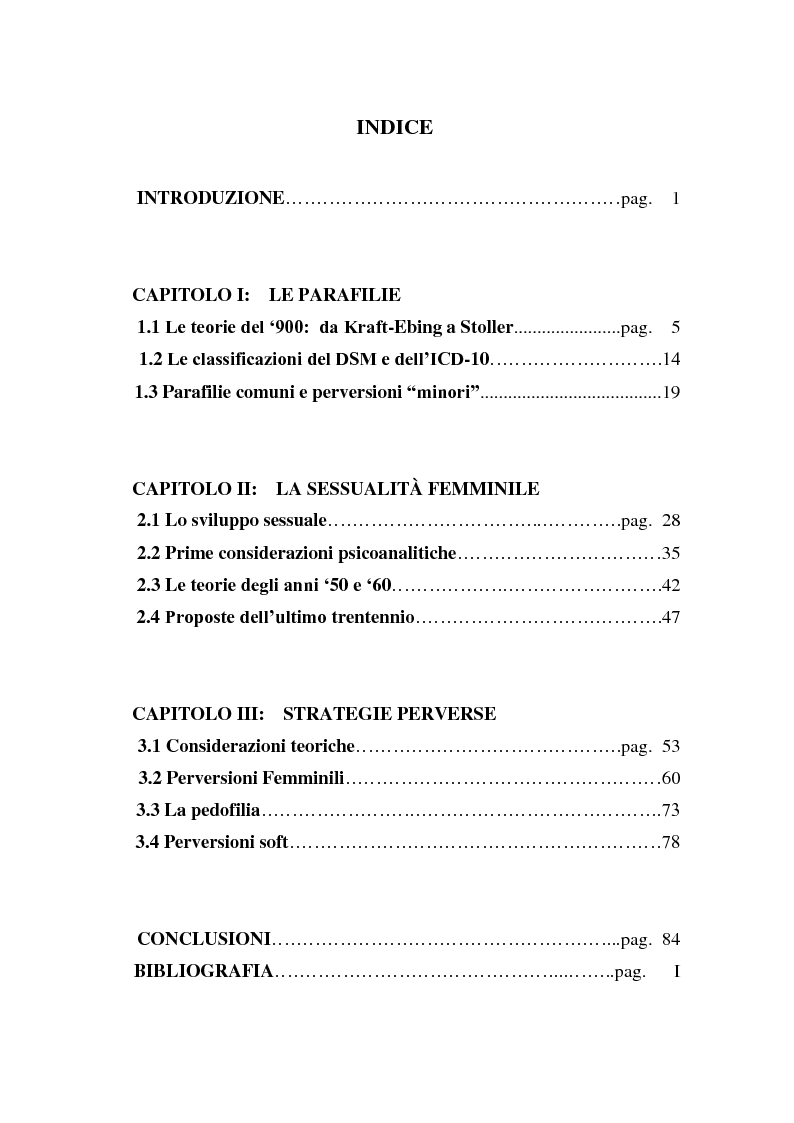 Indice della tesi: Alcune considerazioni sulle perversioni femminili, Pagina 1