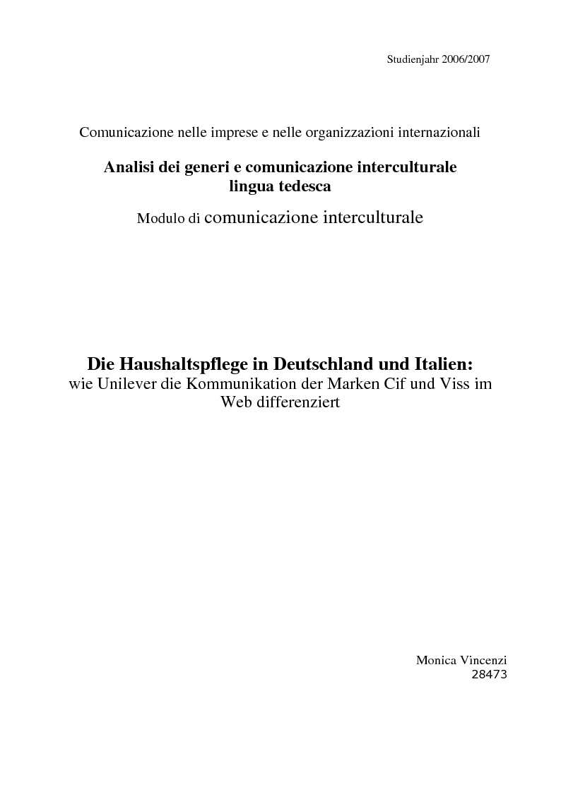 Anteprima della tesi: Die Haushaltspflege in Deutschland und Italien: wie Unilever die Kommunikation der Marken Cif und Viss im Web differenziert., Pagina 1