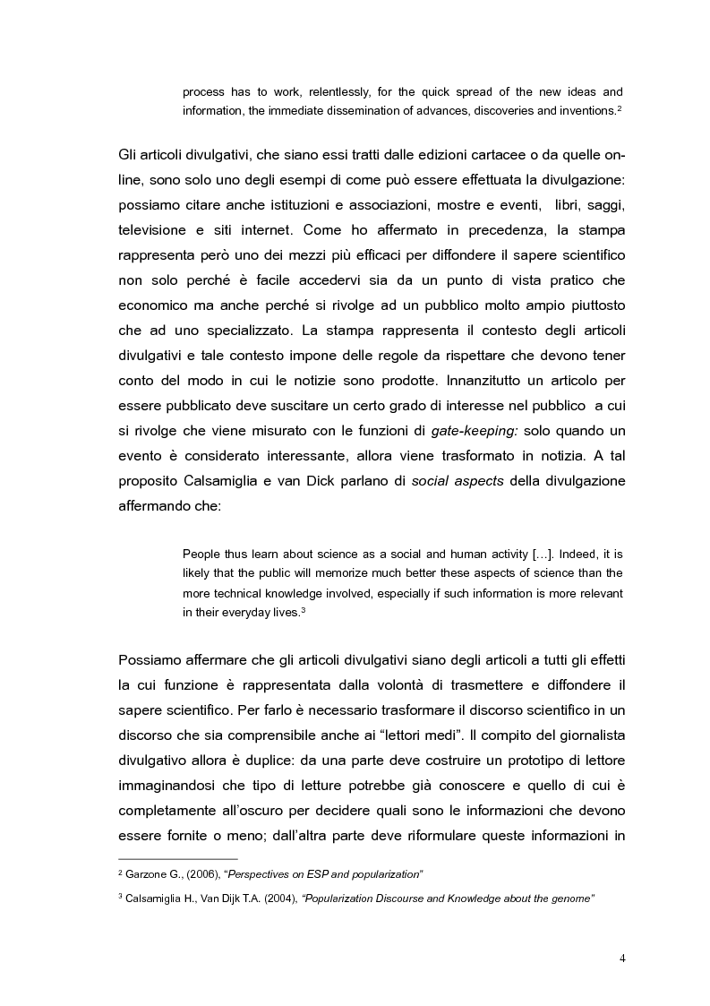 Anteprima della tesi: Strategie di divulgazione negli articoli giornalistici di argomento medico-scientifico: un confronto tra inglese e italiano, Pagina 3