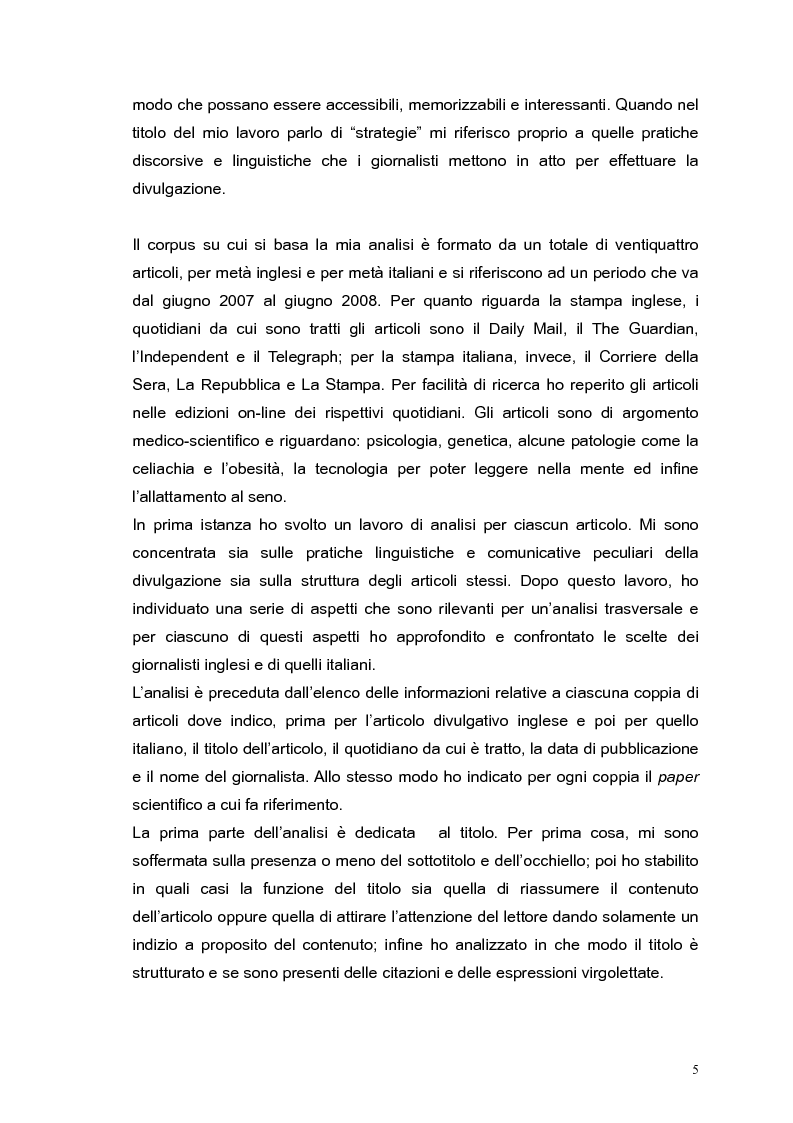 Anteprima della tesi: Strategie di divulgazione negli articoli giornalistici di argomento medico-scientifico: un confronto tra inglese e italiano, Pagina 4