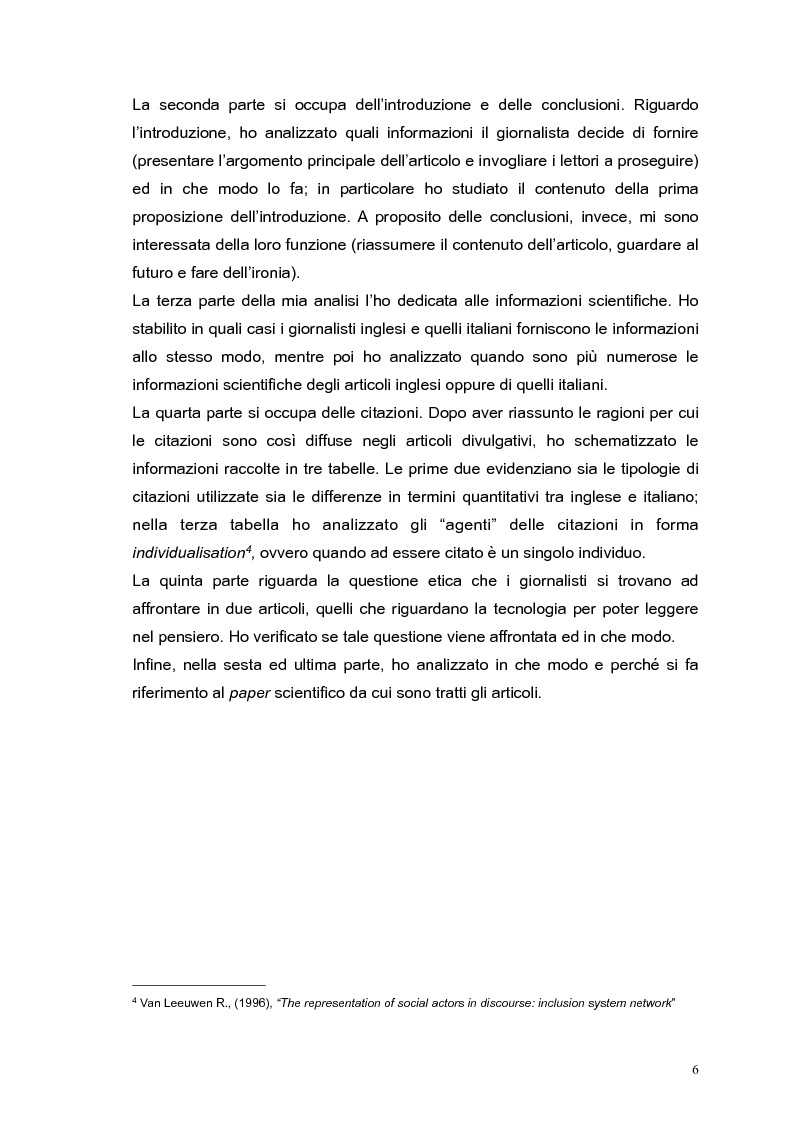Anteprima della tesi: Strategie di divulgazione negli articoli giornalistici di argomento medico-scientifico: un confronto tra inglese e italiano, Pagina 5