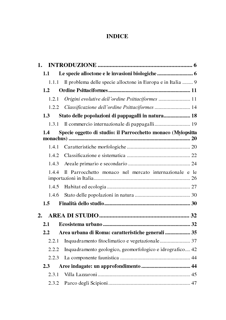 Indice della tesi: Aspetti biologici, ecologici e comportamentali di una specie ornitica alloctona: il Parrocchetto monaco (Myiopsitta monachus) a Roma, Pagina 1
