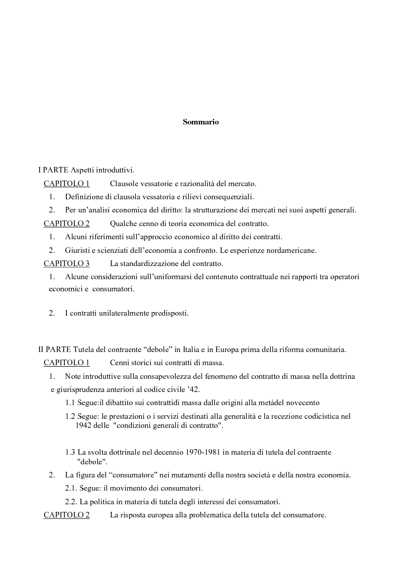 Indice della tesi: L’inefficacia delle clausole vessatorie, Pagina 1