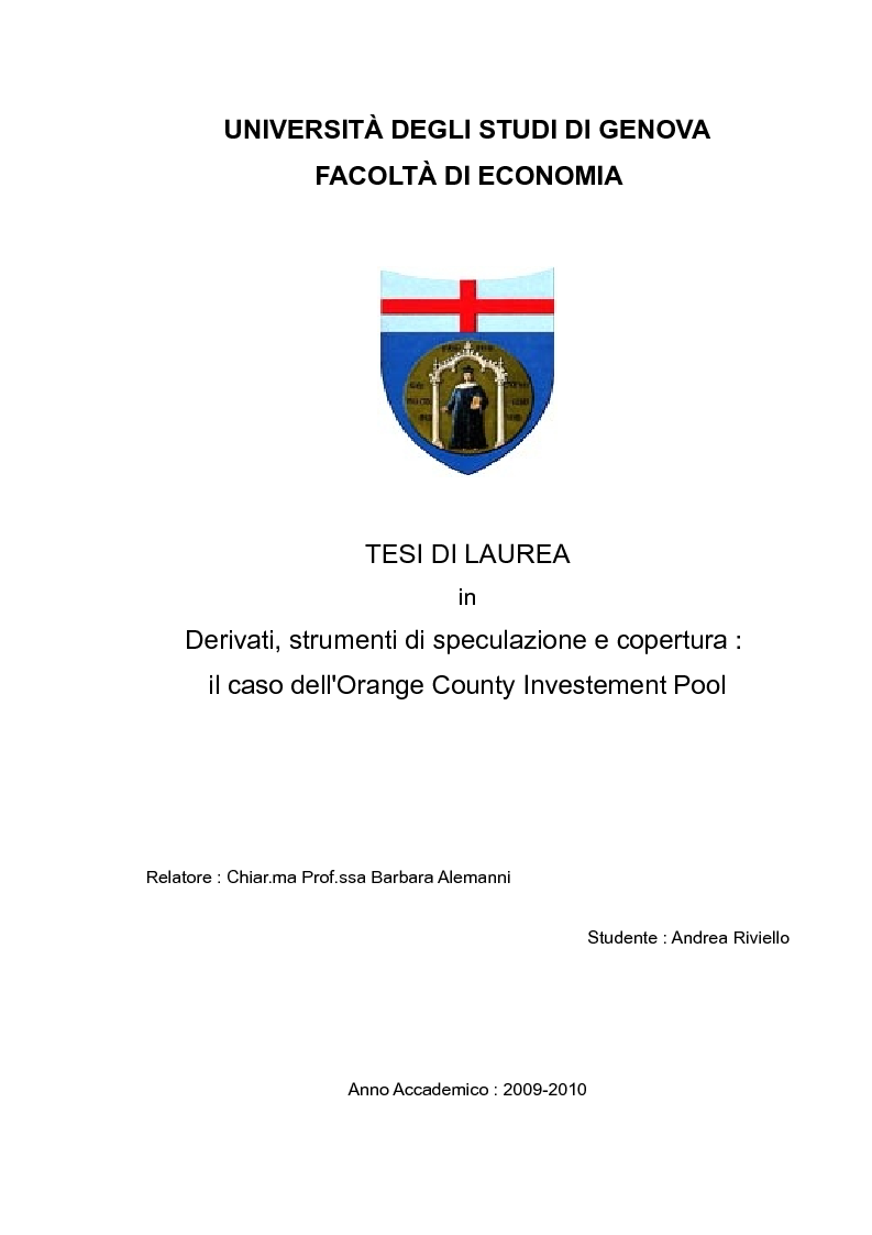 Anteprima della tesi: Derivati, strumenti di speculazione e copertura: il caso dell'Orange County Investement Pool, Pagina 1