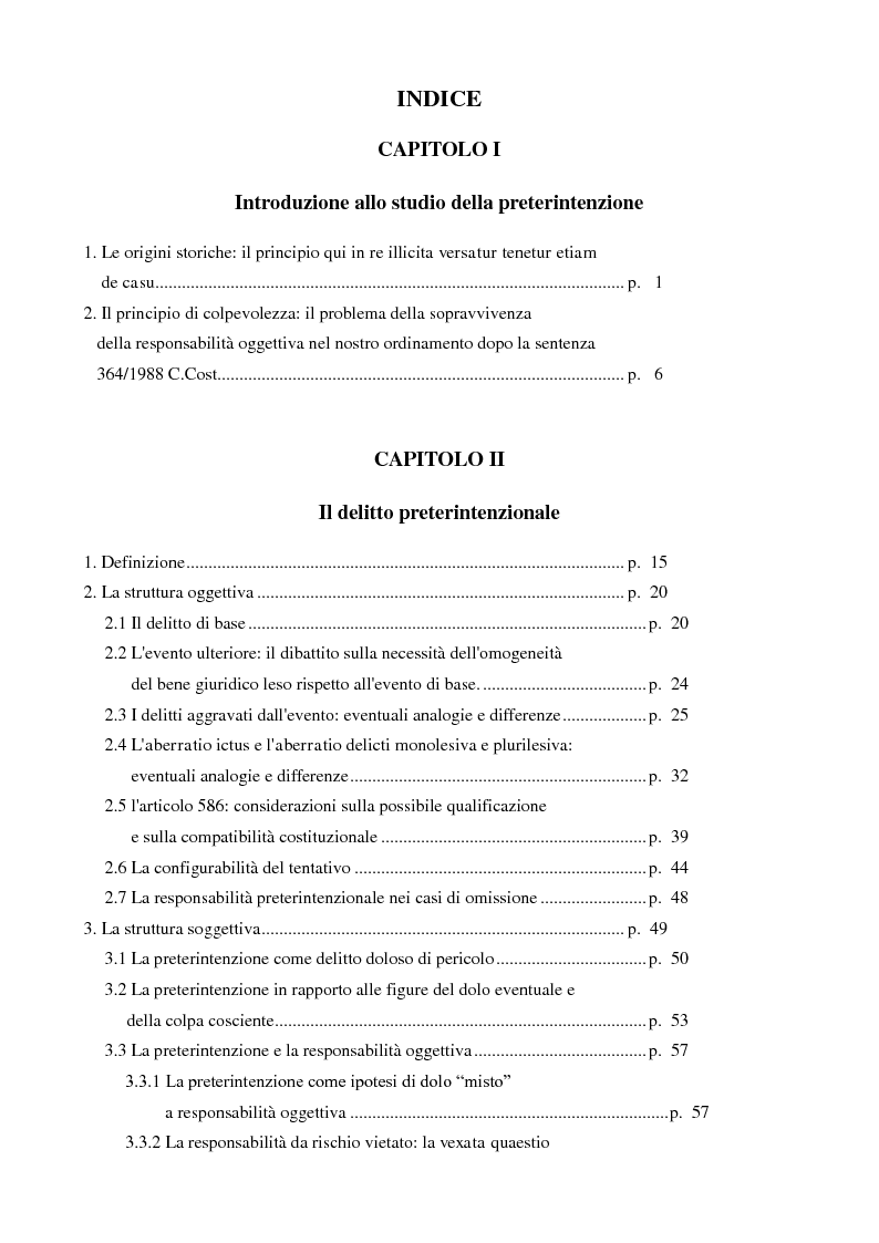 Indice della tesi: Problemi attuali in tema di preterintenzione, Pagina 1