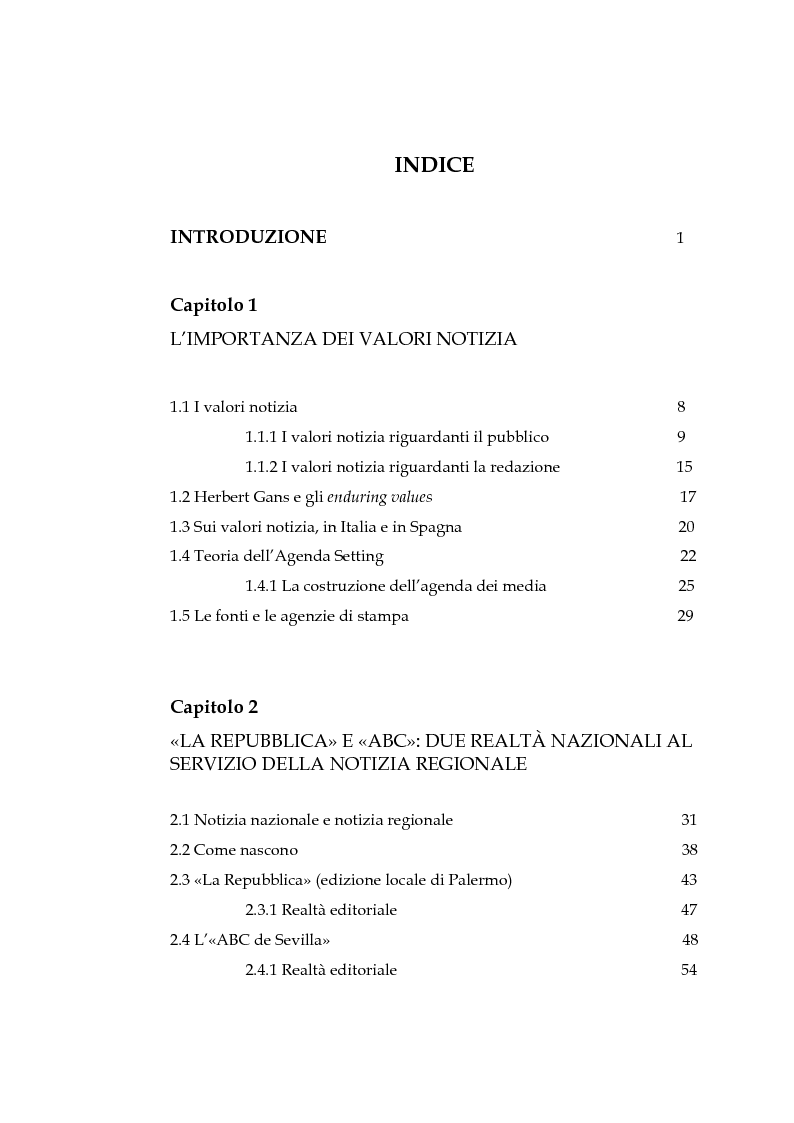 Indice della tesi: "ABC de Sevilla" e "La Repubblica-Palermo": due esempi di informazione regionale a confronto, Pagina 1