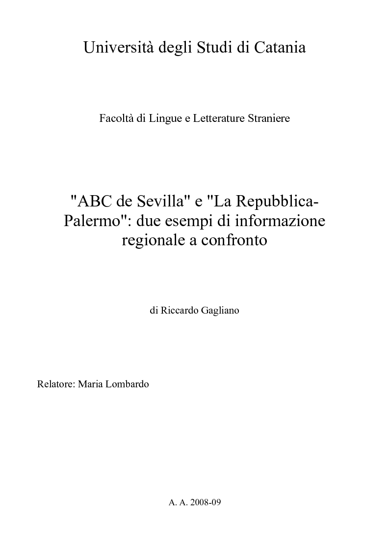 Anteprima della tesi: "ABC de Sevilla" e "La Repubblica-Palermo": due esempi di informazione regionale a confronto, Pagina 1