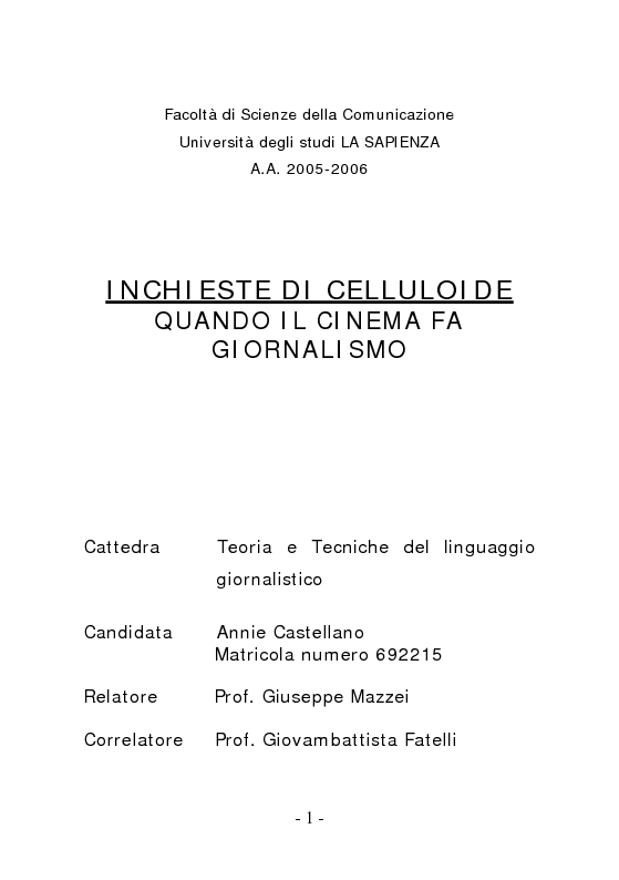 Anteprima della tesi: Inchieste di celluloide - Quando il cinema fa giornalismo, Pagina 1