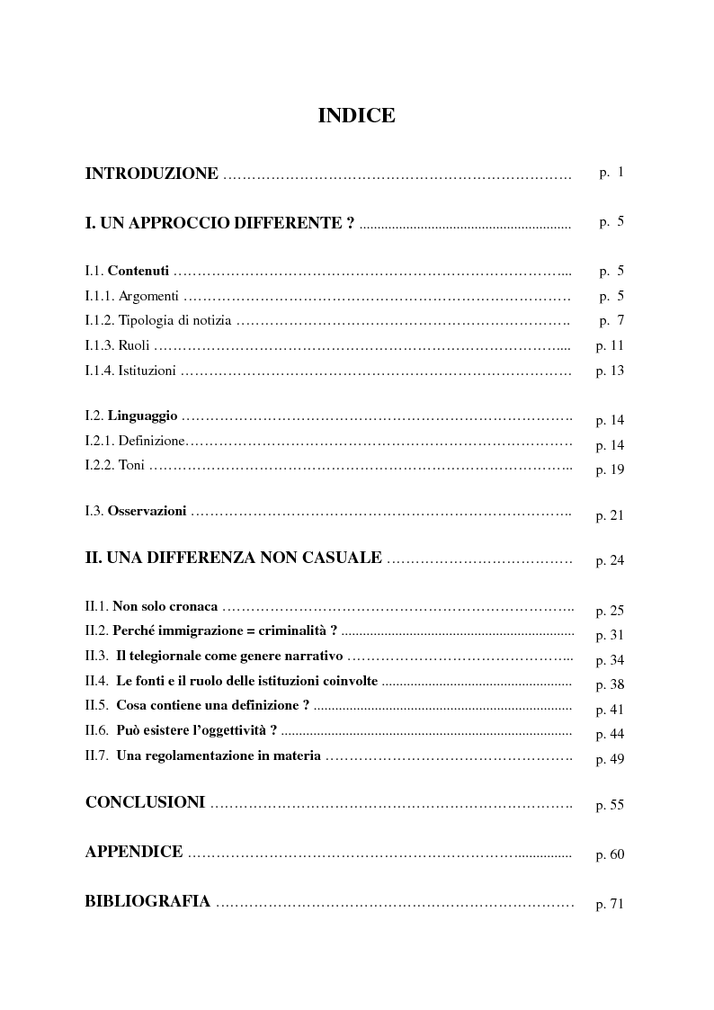 Indice della tesi: La rappresentazione dell'immigrato nei telegiornali italiani e francesi, Pagina 1