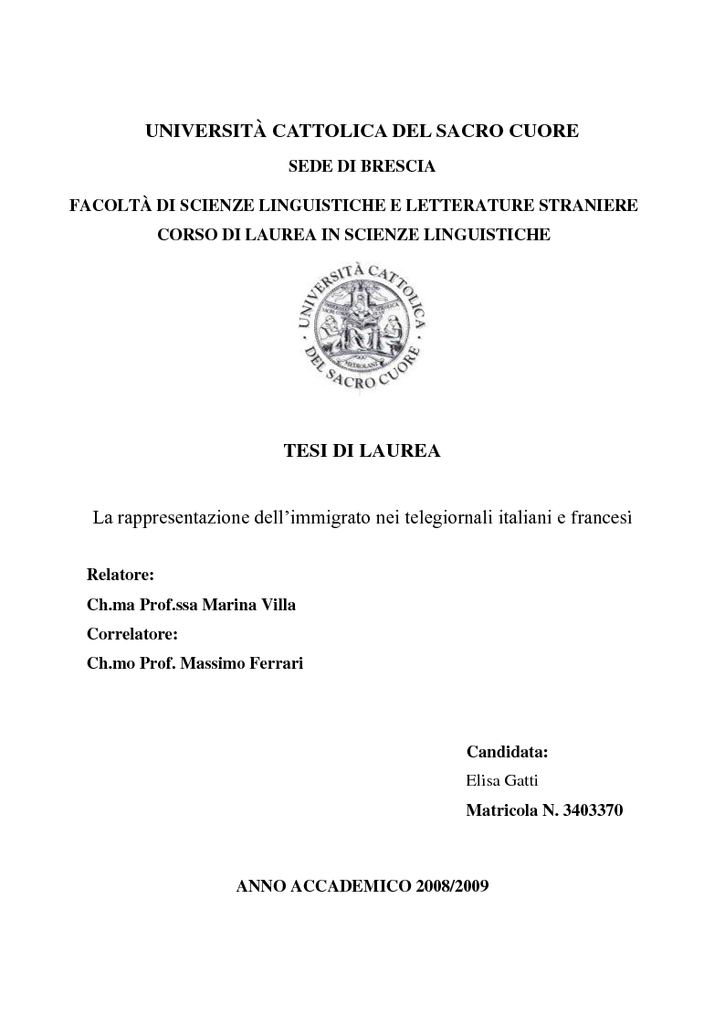 Anteprima della tesi: La rappresentazione dell'immigrato nei telegiornali italiani e francesi, Pagina 1
