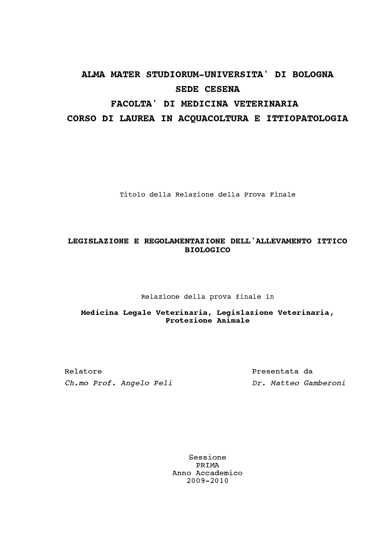 Anteprima della tesi: Legislazione e regolamentazione dell'allevamento ittico biologico, Pagina 1