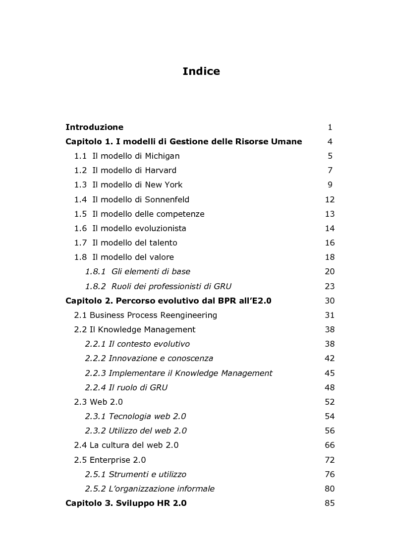 Indice della tesi: HR 2.0: strumenti e tecniche per la gestione delle risorse umane, Pagina 1