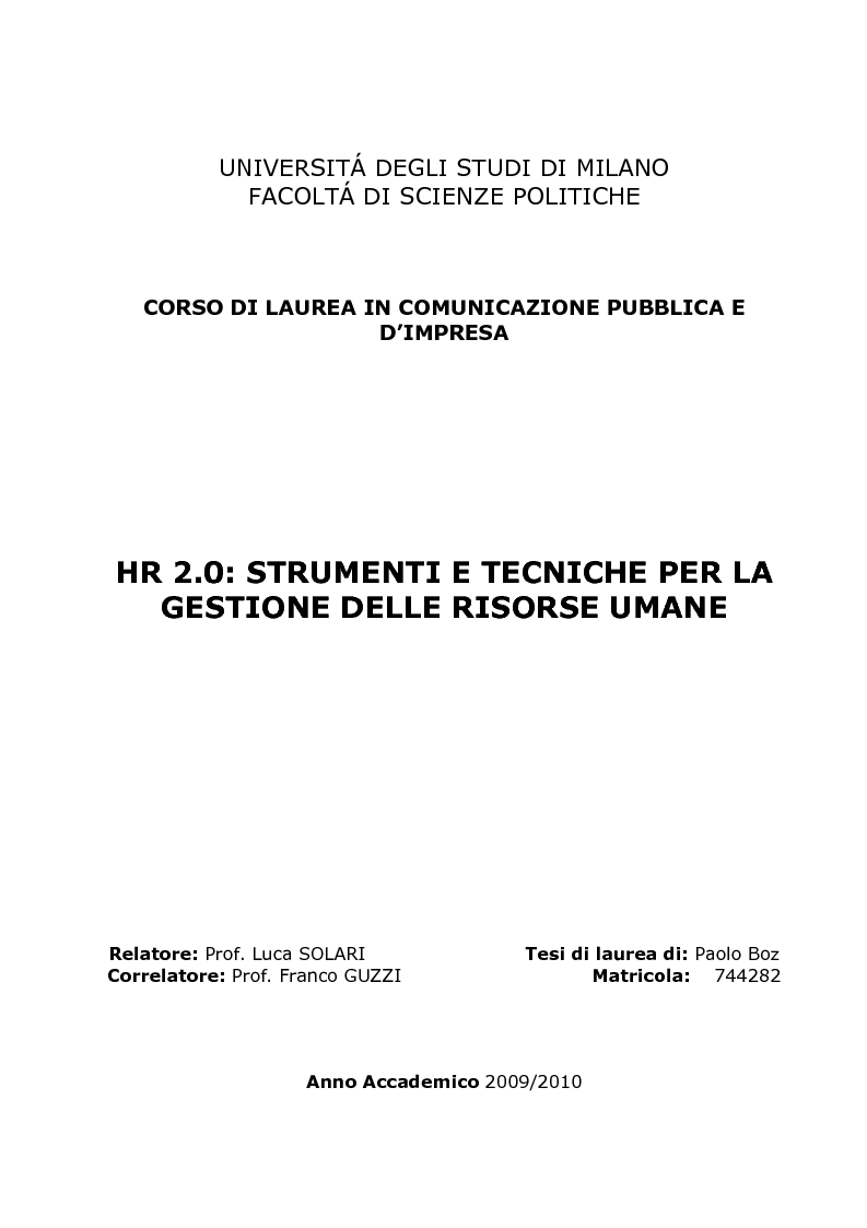 Anteprima della tesi: HR 2.0: strumenti e tecniche per la gestione delle risorse umane, Pagina 1
