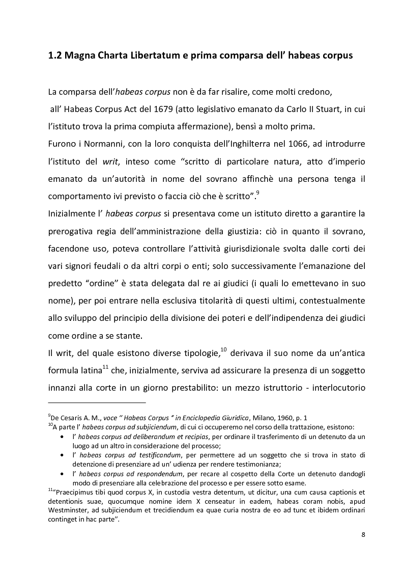 Anteprima della tesi: L'Habeas Corpus nell'ordinamento del Regno Unito: un baluardo a difesa della libertà personale, dai primordi all'avvento della Cedu, Pagina 5
