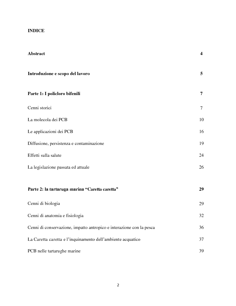 Indice della tesi: Caratterizzazione quali-quantitativa dei PoliCloroBifenili in tessuti di ''Caretta caretta'', Pagina 1