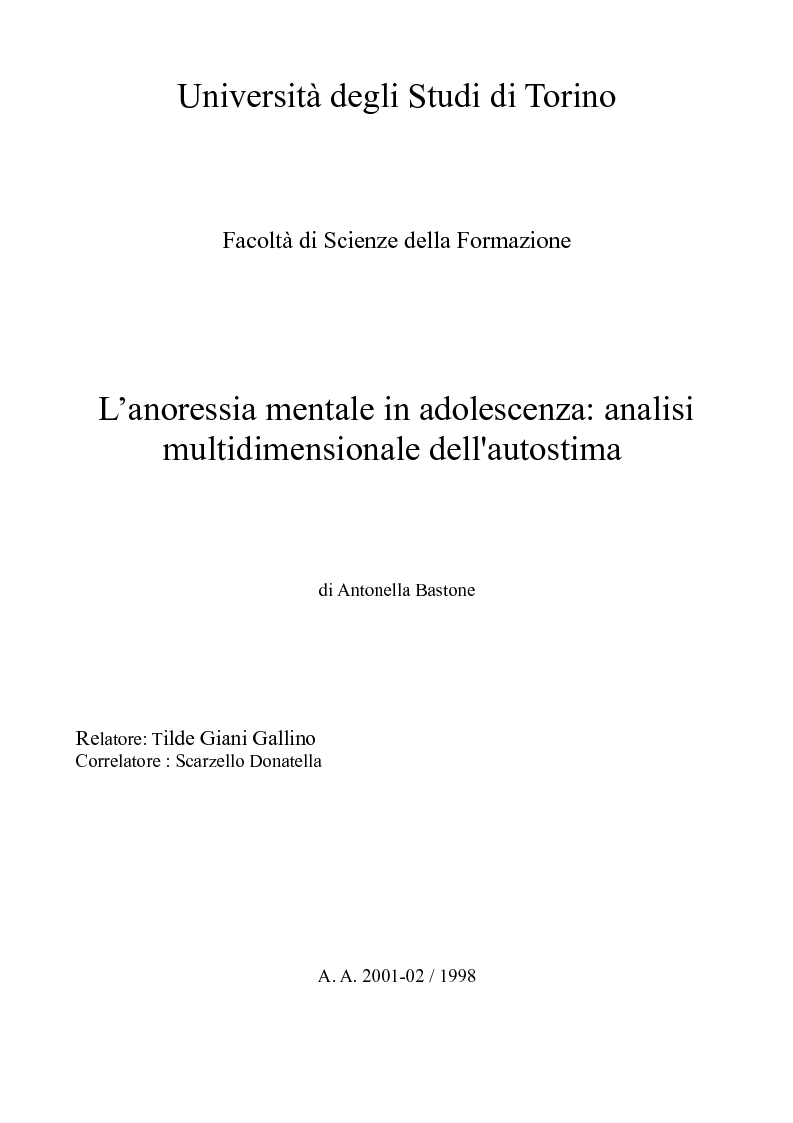 Anteprima della tesi: L’anoressia mentale in adolescenza: analisi multidimensionale dell'autostima, Pagina 1