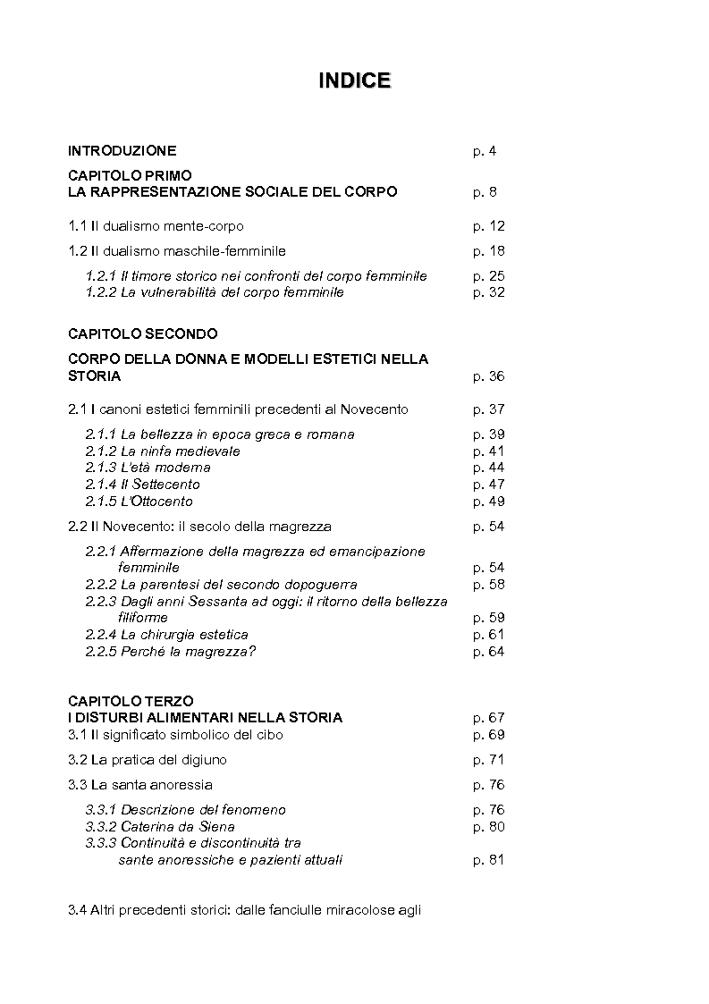 Indice della tesi: Corpo, modelli estetici e disturbi del comportamento alimentare. Un’interpretazione socioculturale., Pagina 1