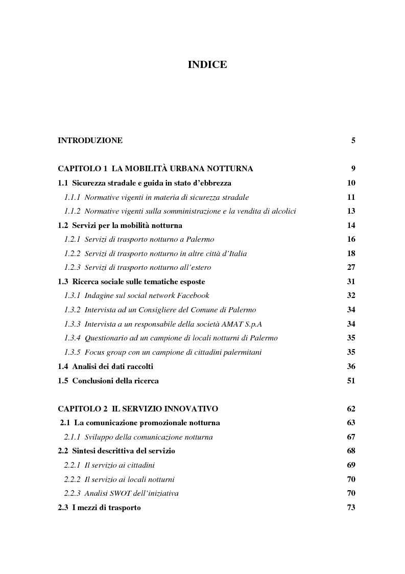 Indice della tesi: L'autobus notturno. Trasporto, pubblicità, informazione e sicurezza su uno stesso mezzo., Pagina 1