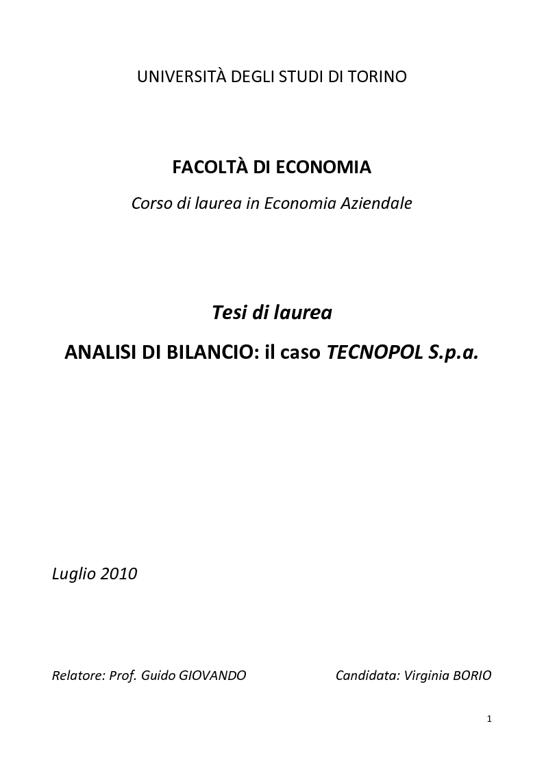 Anteprima della tesi: Analisi di bilancio: il caso Tecnopol S.p.a., Pagina 1