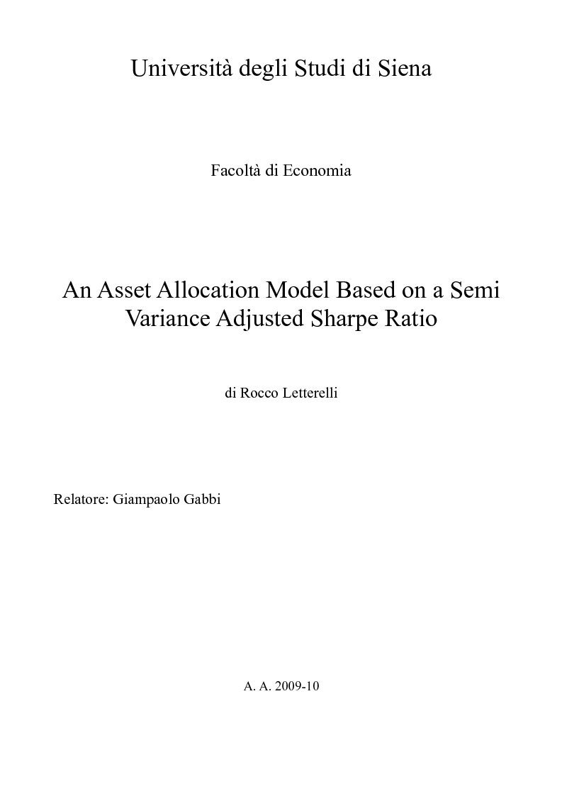 Anteprima della tesi: An Asset Allocation Model Based on a Semi Variance Adjusted Sharpe Ratio, Pagina 1