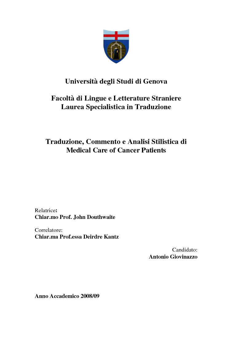 Anteprima della tesi: Traduzione, commento e analisi stilistica di ''Medical Care of Cancer Patients'', Pagina 1