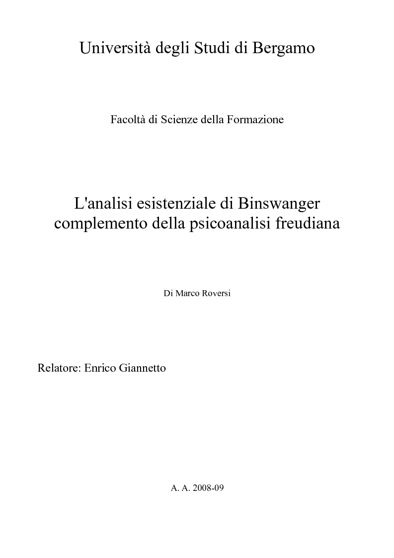 Anteprima della tesi: L'analisi esistenziale di Binswanger complemento della psicoanalisi freudiana, Pagina 1