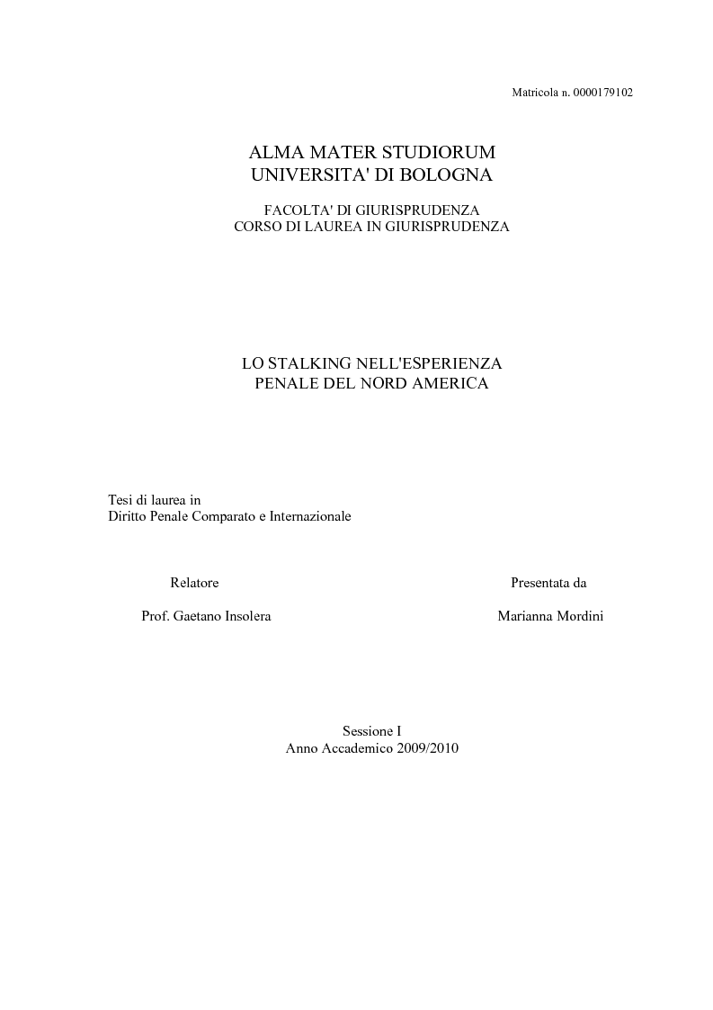 Anteprima della tesi: Lo stalking nell'esperienza penale del Nord America, Pagina 1