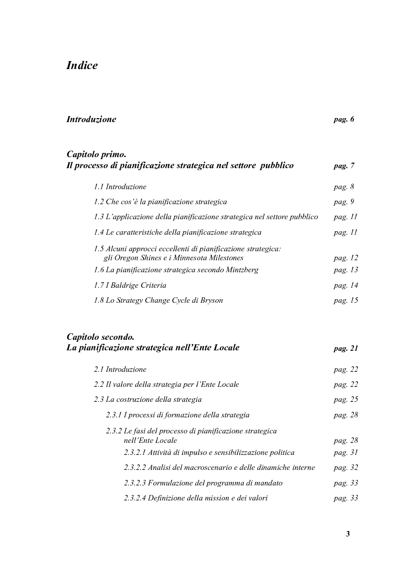 Indice della tesi: La pianificazione strategica nelle amministrazioni pubbliche locali: stato dell'arte in un campione di enti, Pagina 1