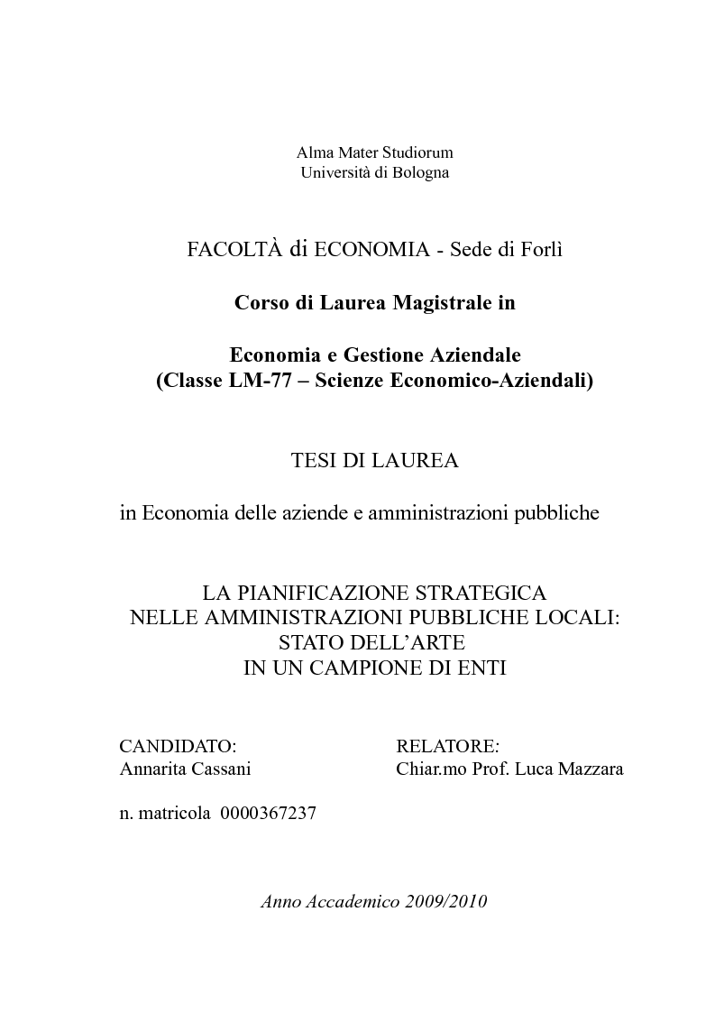 Anteprima della tesi: La pianificazione strategica nelle amministrazioni pubbliche locali: stato dell'arte in un campione di enti, Pagina 1